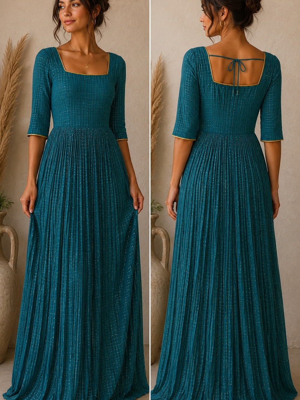 Artisan Square-Neck Teal Pleated Maxi Dress With Gold Threading